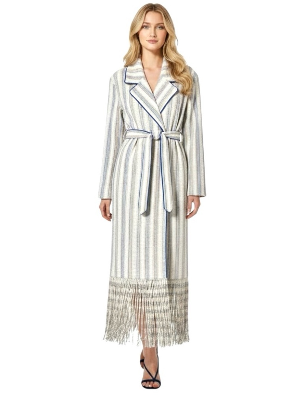 Alexis Massari Striped Fringe Duster Robe Coat Womens Size Medium Natural Beige